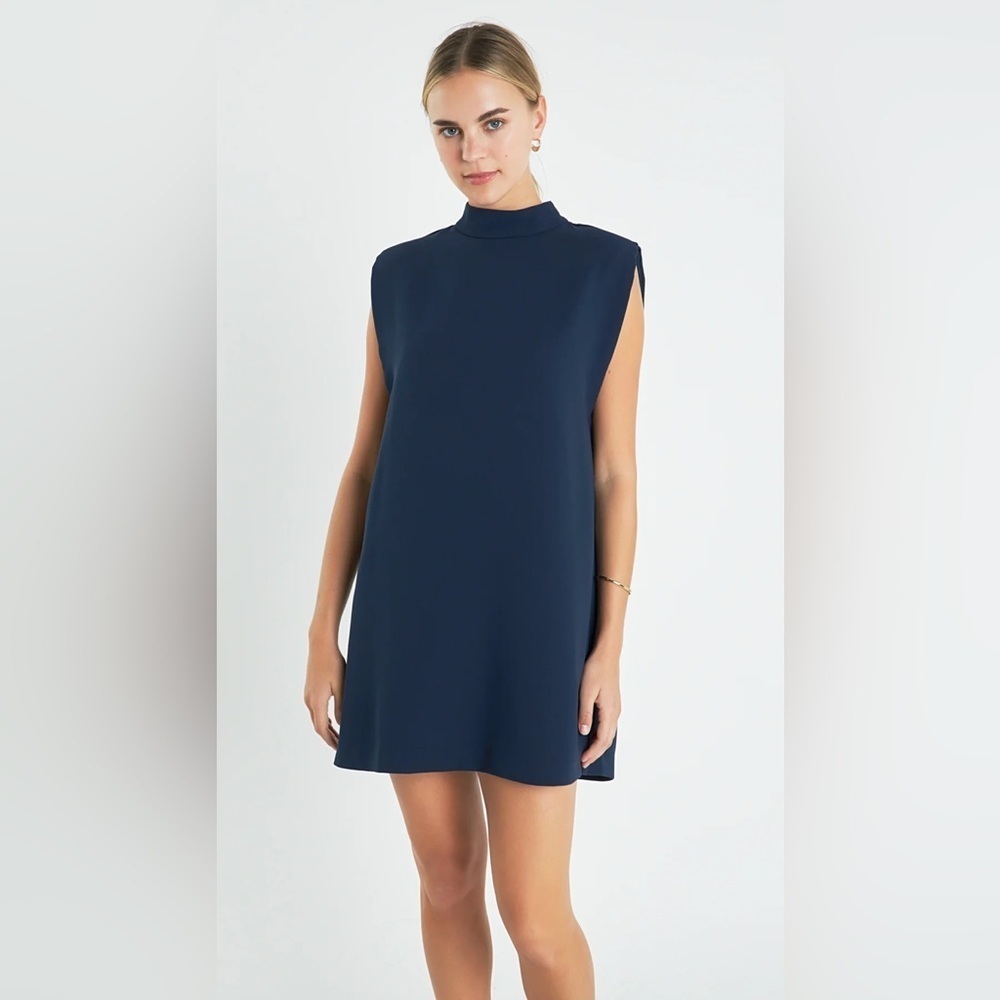 NWT English Factory Mock Neck Sleeveless Shift Dress Navy Blue Womens Medium